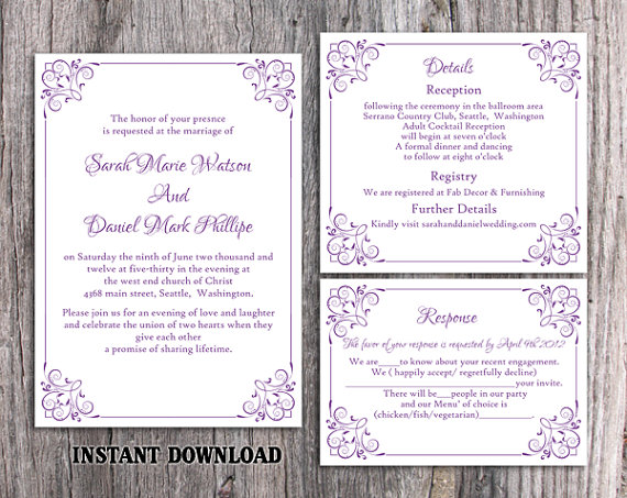 Свадьба - DIY Wedding Invitation Template Set Editable Word File Instant Download Printable Floral Invitation Eggplant Invitation Purple Invitations