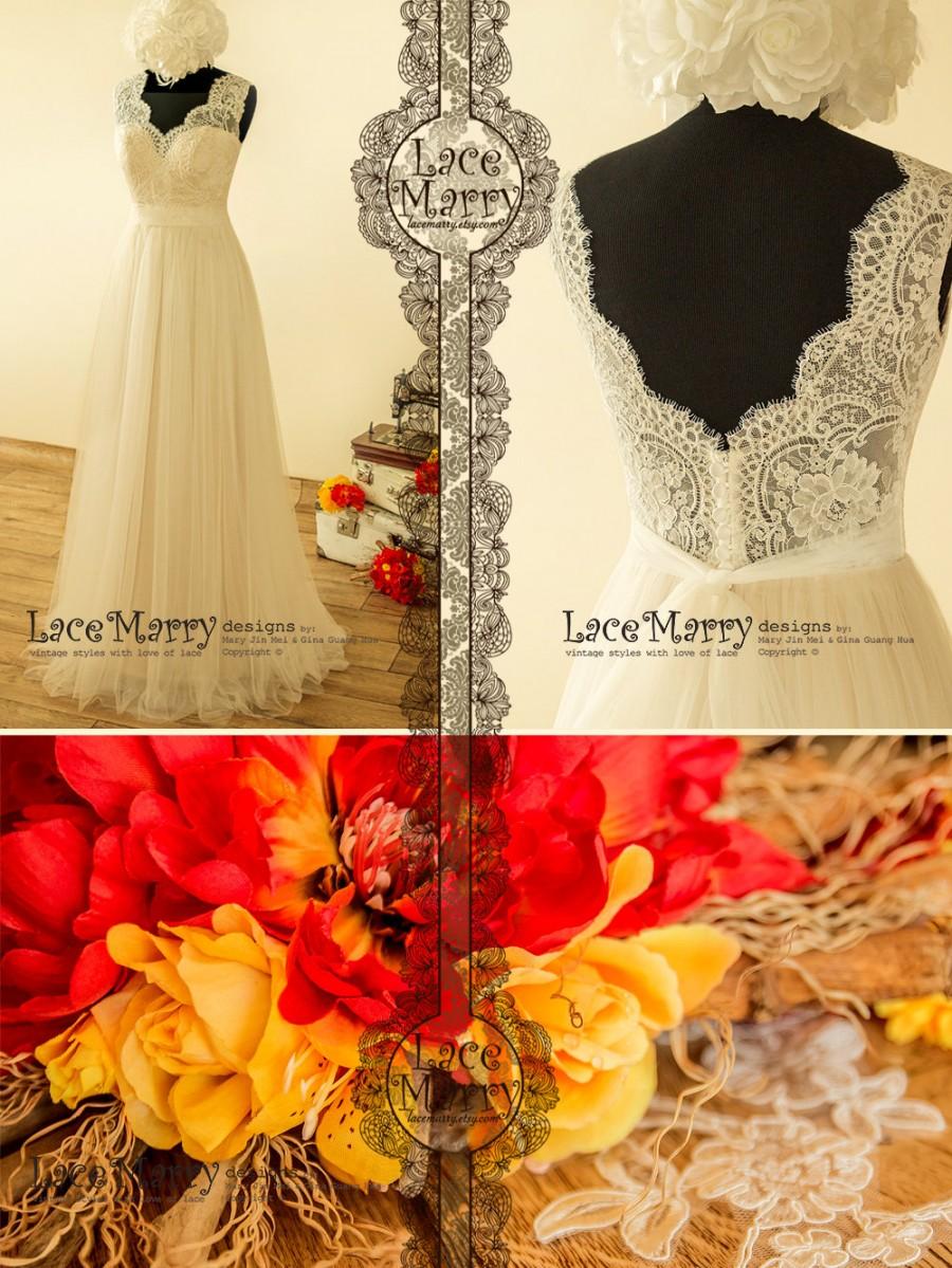 Свадьба - Romantic Boho Wedding Dress with Sheer French Lace Neckline 