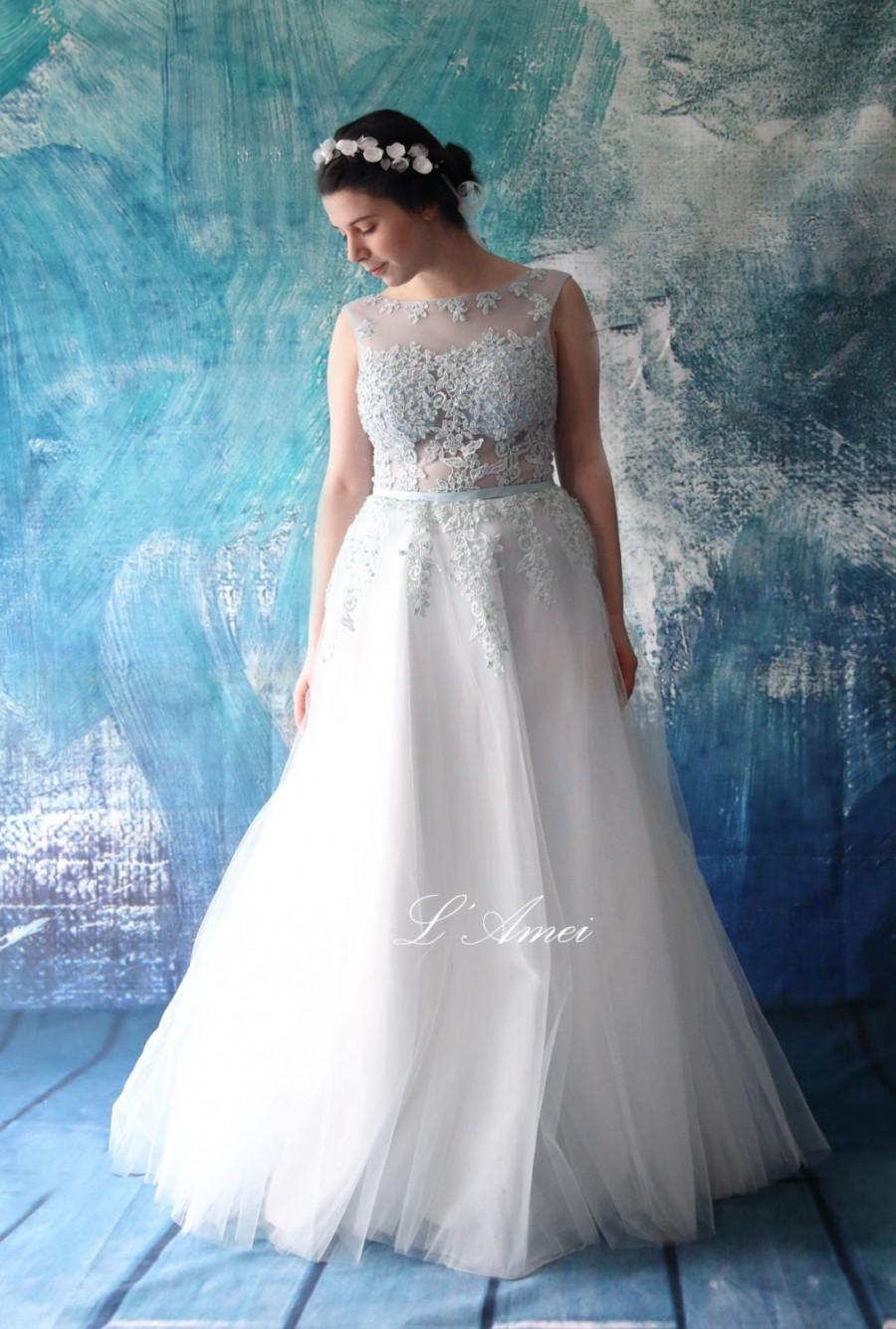 Wedding - Stunning Light Blue Lace and Tulle Open Back Wedding Dress - AM 1958020