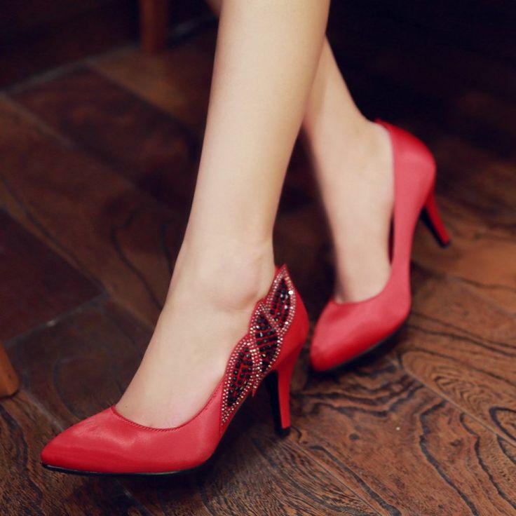 زفاف - Satin Rhinestone Women Pumps High Heels Spike Wedding Shoes Woman