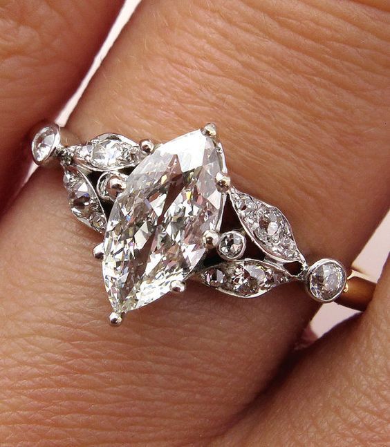 Wedding - Antique Victorian French 1.00ct Old European Marquise Cut  Diamond Engagement 18k Ring