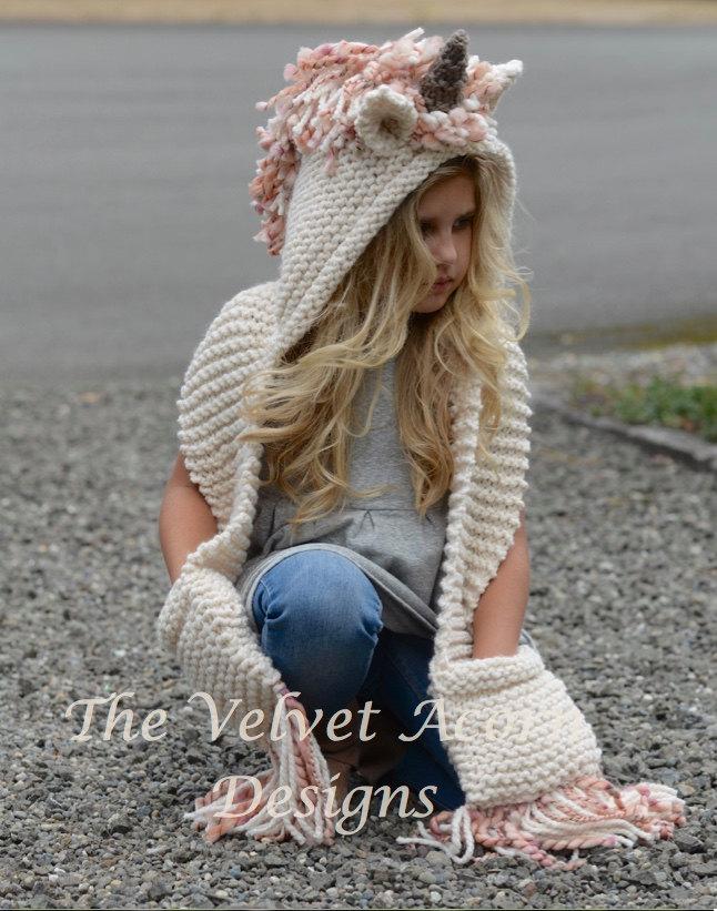 Hochzeit - Knitting PATTERN-The Unice Unicorn Hooded Scarf (12/18 months, Toddler, Child, Teen, Adult sizes)