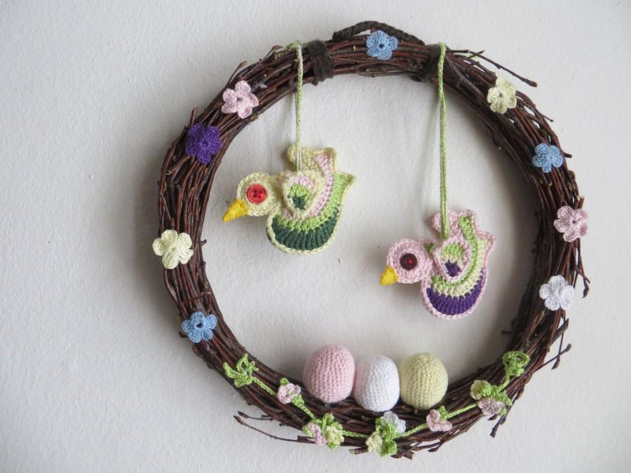 Свадьба - Spring Wreath Easter Wreath Crochet flowers Crochet Eggs Crochet Birds Natural Material Birch Branches Crochet Décor Crochet Door Décor