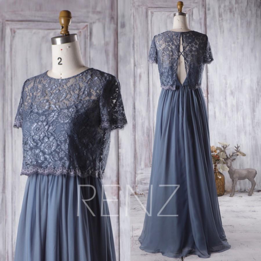 Hochzeit - 2016 Navy Blue Bridesmaid Dress,Short Sleeves Detachable Lace Illusion Wedding Dress, Chiffon A Line Prom Dress, Floor Length (H263)