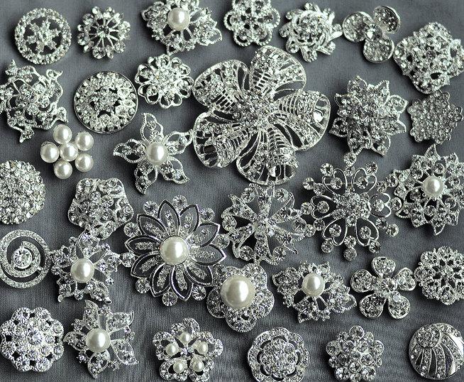 زفاف - 20 Rhinestone Button Brooch Large Top Quality Embellishment Pearl Crystal Button Wedding Brooch Bouquet BT163