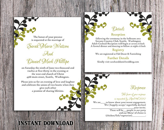 Hochzeit - DIY Wedding Invitation Template Set Editable Word File Instant Download Printable Leaf Wedding Invitation Blue Invitations Green Invitations