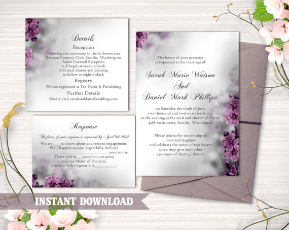 Свадьба - DIY Wedding Invitation Template Set Editable Word File Instant Download Printable Invitation Eggplant Wedding Invitation flower invitation