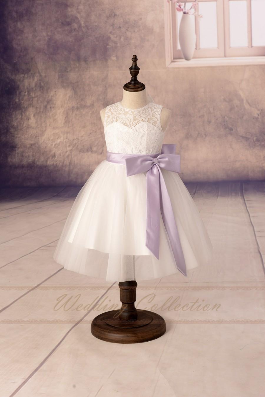 Mariage - Lace Flower Girl Dresses, Tulle Flower Girls Dress With Purple Sash and Bow (sandovalceja23)