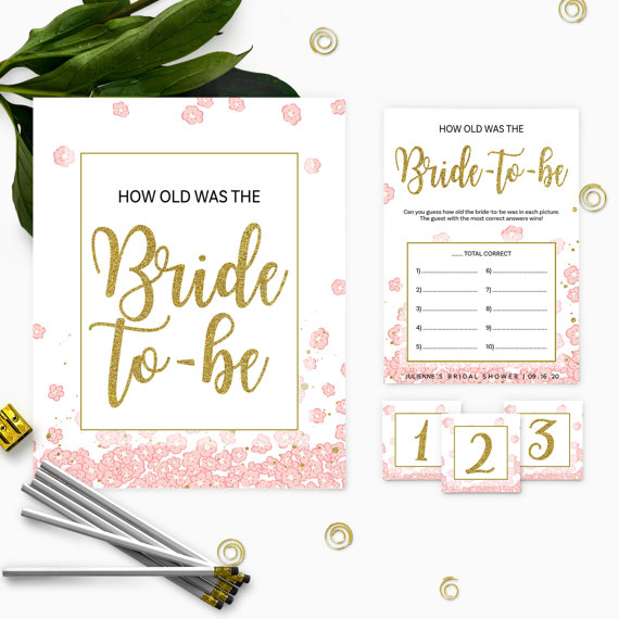 Wedding - Pink and Gold How Old was the Bride-to-Be Bridal Shower Game-DIY Golden Glitter Floral Printable How Old Was the Bride Cards and Sign