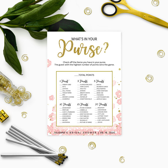 Свадьба - Gold and Pink What's In Your Purse Bridal Shower Game-Golden Glitter Floral DIY Printable Bridal Shower Purse Personalized Game-Bridal Game