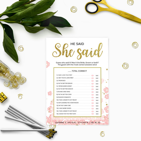 Hochzeit - Gold and Pink Bridal Shower He Said She Said Game-Golden Glitter Floral DIY Printable He Said She Said Game-Personalized Guess Who Said Game