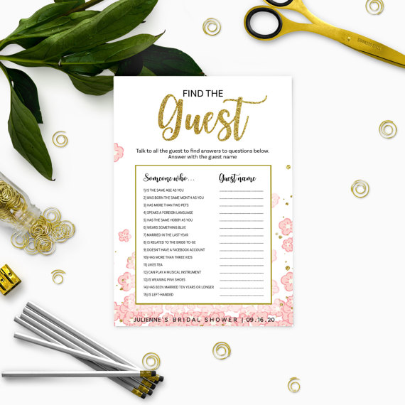 Wedding - Pink and Gold Bridal Shower Find the Guest-Golden Glitter Floral Bridal Shower Find the Guest Printable Game-DIY Bridal Shower Ask the Guest