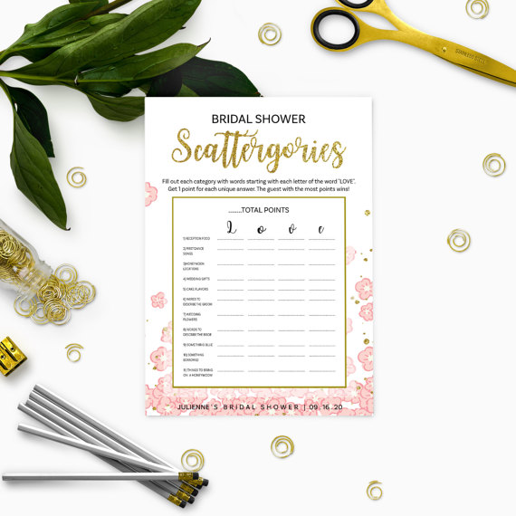 Свадьба - Gold and Pink Bridal Shower Scattergories-Golden Glitter Printable Bridal Scattergories-DIY Floral Bridal Shower Games-Bridal Shower Game