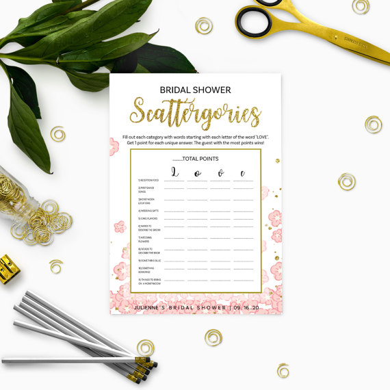 Hochzeit - Gold and Pink Bridal Shower Scattergories-Golden Glitter Printable Bridal Scattergories-DIY Floral Bridal Shower Games-Bridal Shower Game