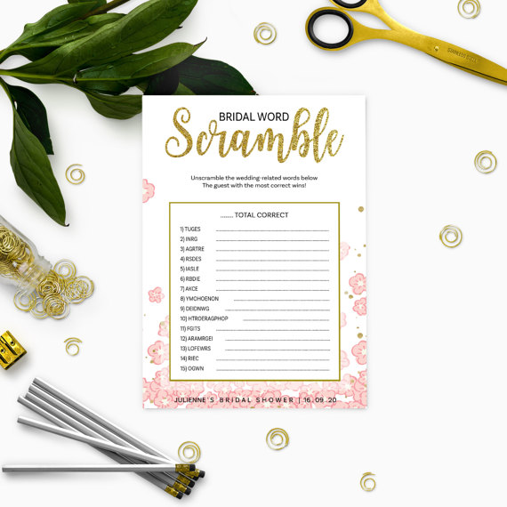Mariage - Pink and Gold Bridal Shower Word Scramble-Golden Glitter Bridal Shower Printable Word Scramble-DIY Floral Bridal Shower Game-Bridal Party