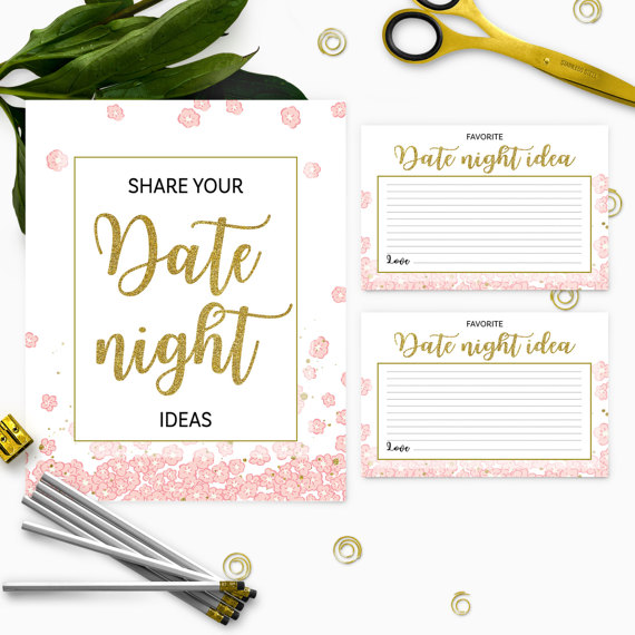 Wedding - Pink and Gold Date Night Ideas Cards And Sign-Instant Download PDF File Printable Golden Glitter Floral Bridal Party DIY Date Jar Game