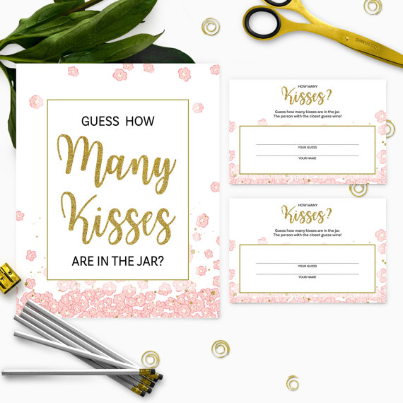 Wedding - Pink and Gold Guess How Many Kisses Bridal Shower Printable Game-Instant Download PDF Golden Glitter Floral Bridal Shower Personalized Game