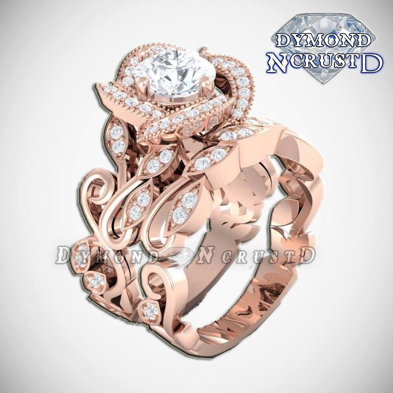 Wedding - Princess Belle Inspired Swirl Rose Swarovski Rose Gold Engagement Ring Set
