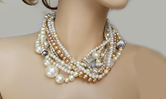 Mariage - Wedding Statement Necklace, Pearl Bridal Necklace, Wedding Pearl Necklace, Chunky Pearl Necklace Wedding Jewelry for Brides, Cream Champagne