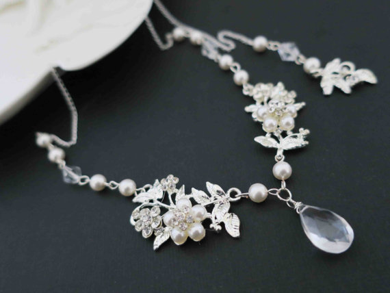 Свадьба - Pearl Bridal Necklace, Back Drop Bridal Necklace, Pearl Wedding Jewelry, Leaf Wedding Necklace Crystal Bridal Jewelry Art Deco Floral Dainty
