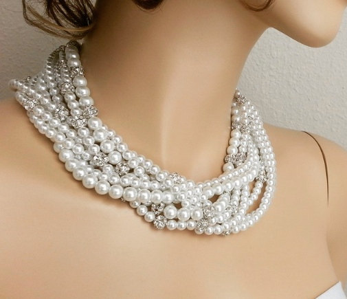زفاف - Bridal Necklace, Pearl Statement Necklace, White Pearl Necklace, Swarovski Bridal Necklace, Bridal Chunky Necklace, Bridal Jewelry