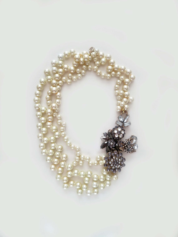 Свадьба - Statement Wedding Necklace, Triple Strand Pearl Bridal Necklace, Large Rhinestone Brooch Wedding Jewelry