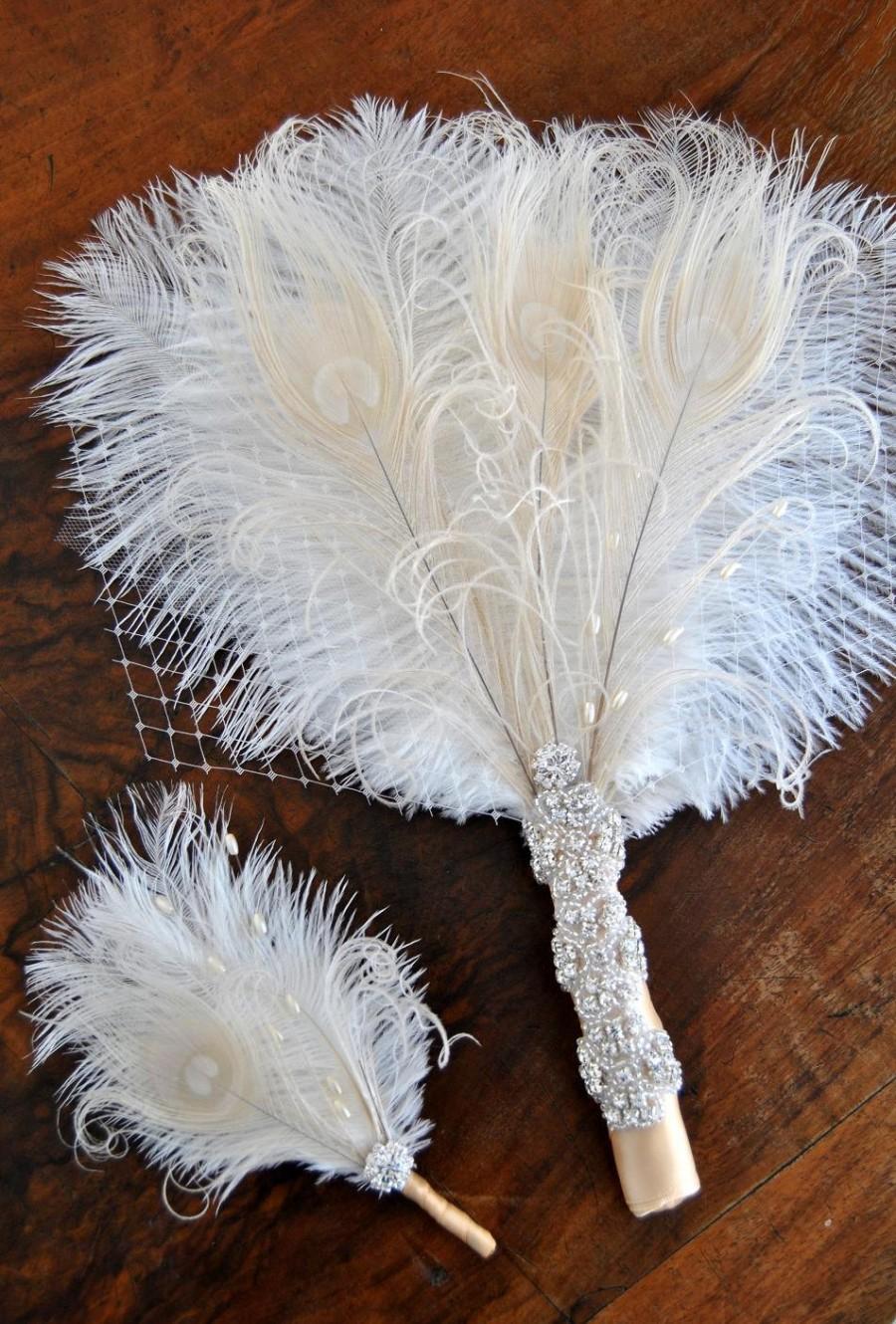 زفاف - Bridal alternative Ostrich Feather Fan Bridal Bouquet Ivory Great Gatsby 1920s Bouquet chic art deco boho wedding groom feathers boutonniere