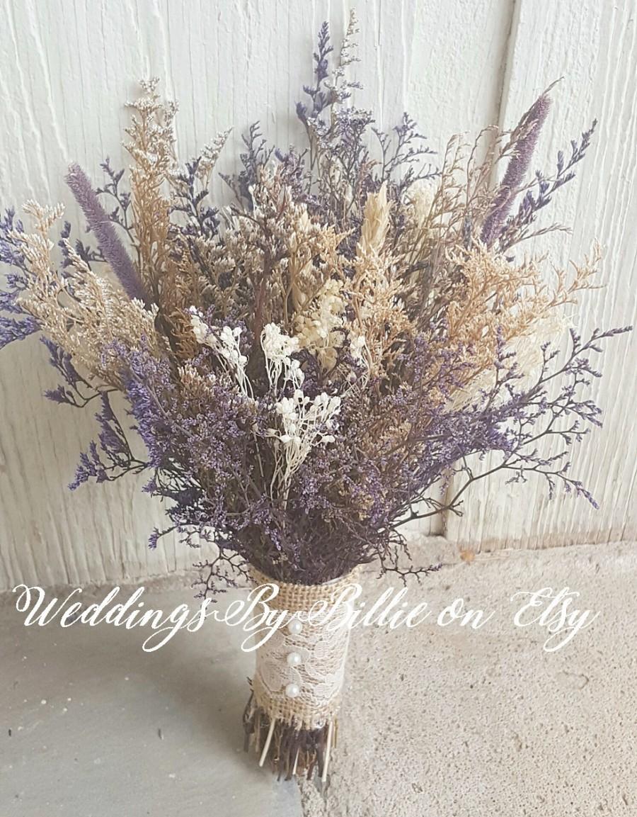 Wedding - Dried Flower Bouquet, Lavender Wheat Caspia Babies Breath Bouquet, Burlap and Lace, Alternative Bouquet, Keepsake Bouquet, Wedding Bouquet