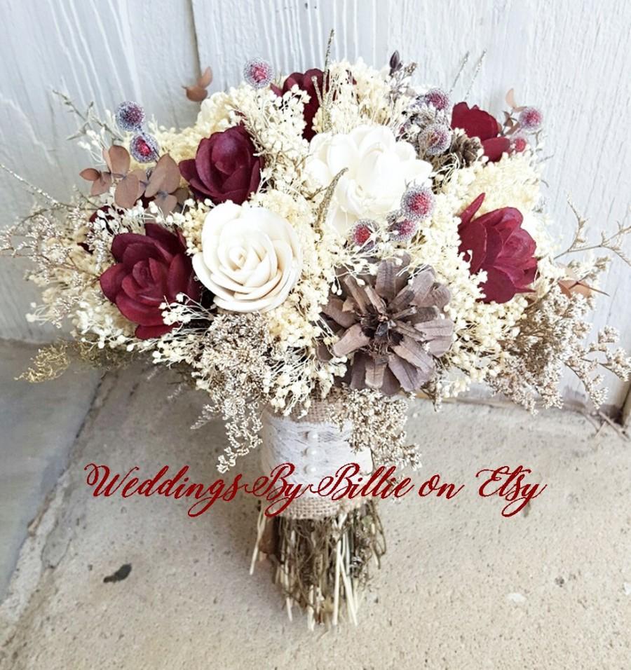 Wedding - Fall Bouquets, Burgundy Cranberry Pinecone Bouquet, Burlap Lace,Sola Bouquet,Alternative Bouquet,Rustic Shabby Chic ,Bride, Keepsake Bouquet