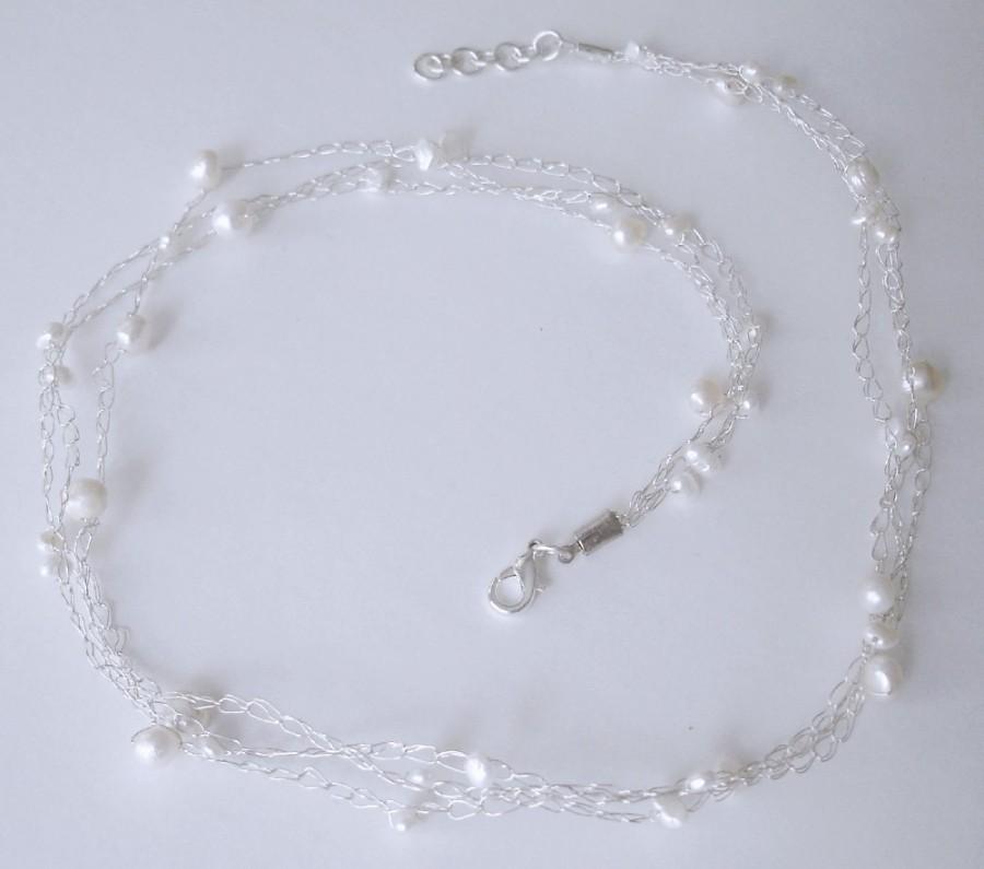 Свадьба - Pearl Birthstone Necklace, Sweet Crochet Silver Jewelry, White Pearl, Wedding, Bride bridesmaid Fashion, Elegant Cute