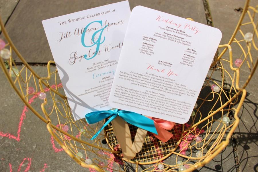 Свадьба - Wedding Program Fans, Coral Wedding Fans, Turquoise Program Fans, Personalized Fans -  Monogram Wedding Program Fan SAMPLE - Pick 2 Colors