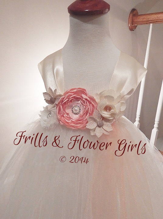 Hochzeit - Light Peach or Coral Satin Flower with Burlap flowers on Ivory Tulle Tutu Dress Flower Girl Dress Sizes 2, 3, 4, 5, 6 up to Girls Size 8