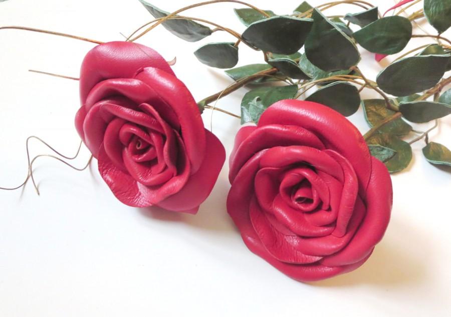 Mariage - 3rd Anniversary Gift-Red  Leather Rose- leather  flower - Long Stem Flower