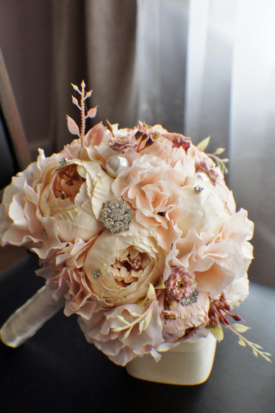 زفاف - Peony Bridal Bouquet, Silk Wedding Flowers, Brooch Bouquet, Champagne Wedding Flowers, Vintage Wedding, Shabby Chic Wedding Bride Bridesmade