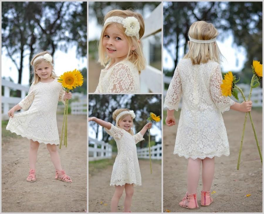 Hochzeit - Ivory Champagne Lace Flower Girl Dress, Lace dress, Cream Wedding dress, Vintage Style Dress, Jr Bridesmaid, Rustic dress, Beach dress