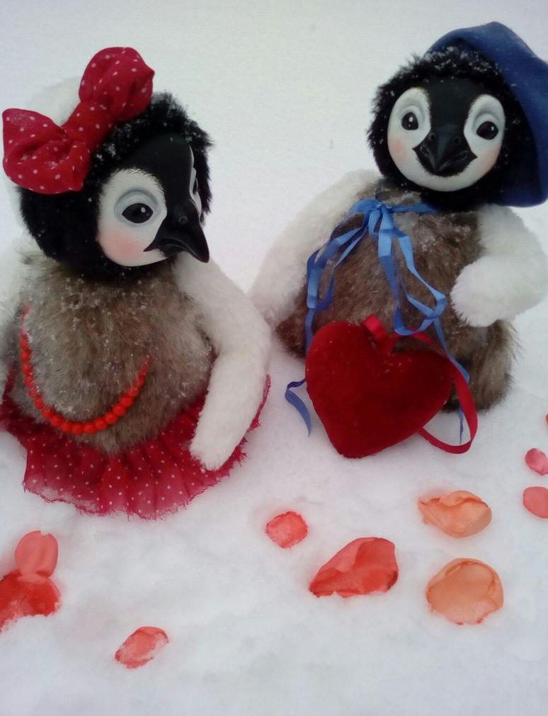 Wedding - Art Doll, Teddy Doll Couple in love penguins. Height 8.66 inches. (22 cm)