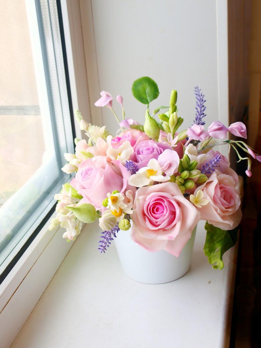 Hochzeit - flowers cold porcelain, polymer clay, dried flowers, floral arrangements, floral arragemants, home decor, violet bouqet,roses,clay roses