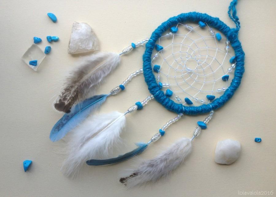 زفاف - Blue dreamcatcher with beads, stones and fluffy feathers