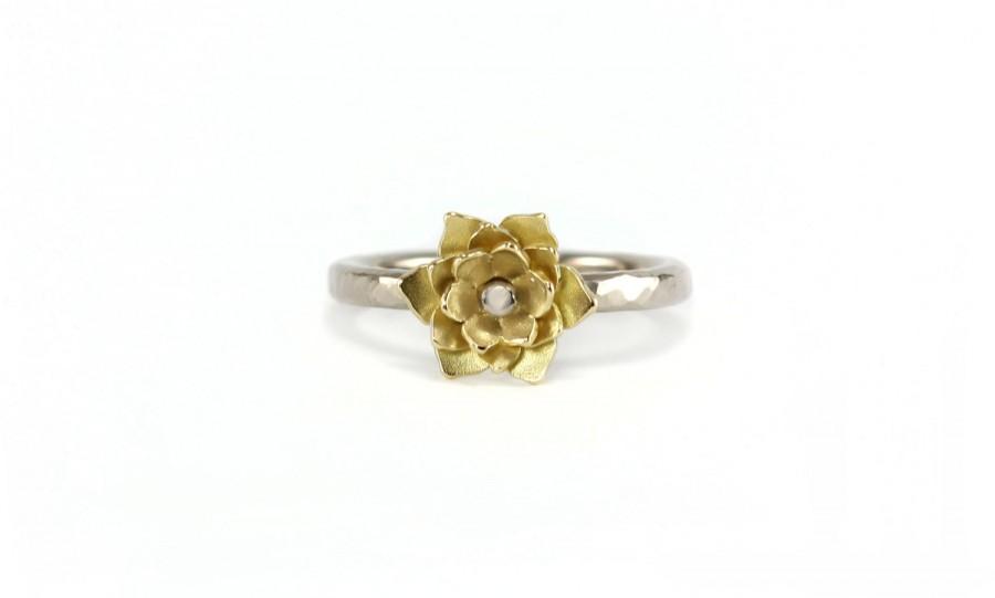 زفاف - Handcrafted Lotus Flower Ring - 14k or 18k Yellow Gold & Palladium White Gold - Engagement Ring, Wedding, Anniversary, Promise Ring