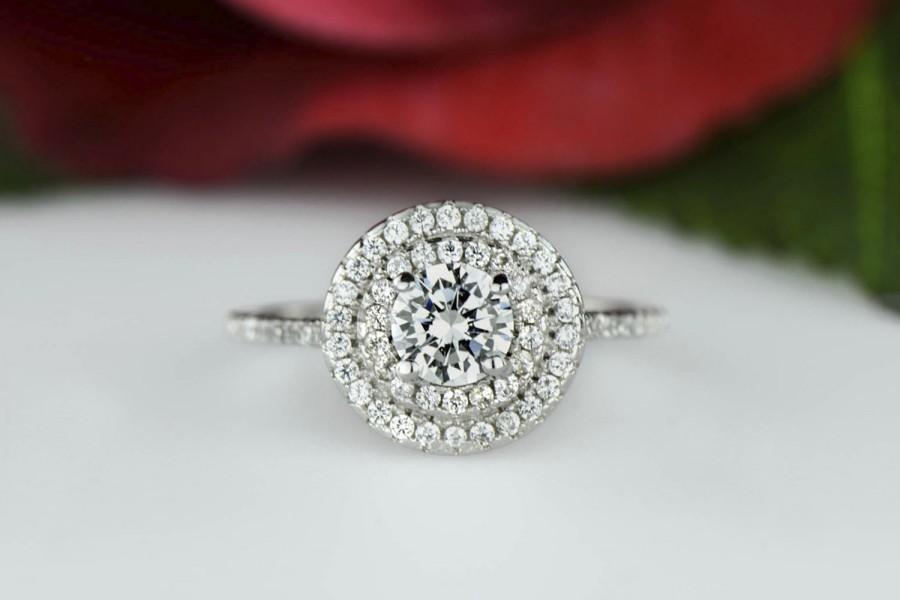 Hochzeit - 3/4 ctw Double Halo Ring, Bridal Wedding Ring, Round Engagement Ring, Man Made Diamond Simulants, Wedding Ring, Bridal Ring, Sterling Silver