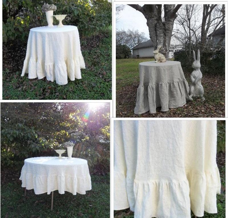 Свадьба - Floor Length Ruffled Linen Tablecloth Ruffled Tablecloth Custom Handmade Wedding Decorations Table Decor French Country 90" Tablecloth Round