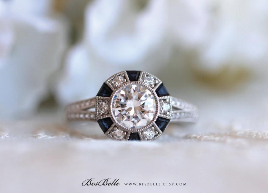 زفاف - 2.0 ct.tw Art Deco Blue Sapphire Halo Engagement Ring-Brilliant Cut Center Diamond Simulant-Bridal Ring-Solid Sterling Silver [6853]