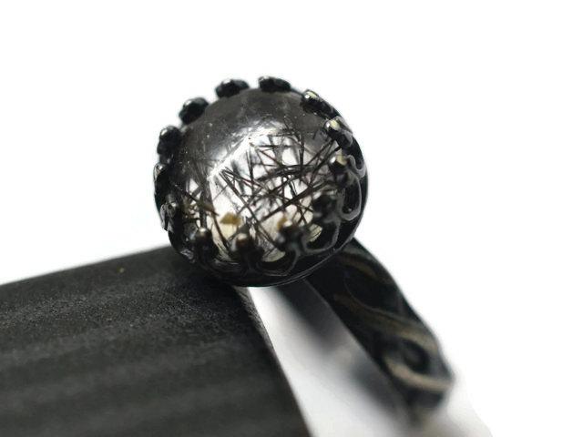 Wedding - Black Rutile Quartz Ring, Tourmalinated Quartz, Oxidized Silver Celtic Style Ring, Custom Engraving, Gothic Gemstone, Needle Quartz Jewelry