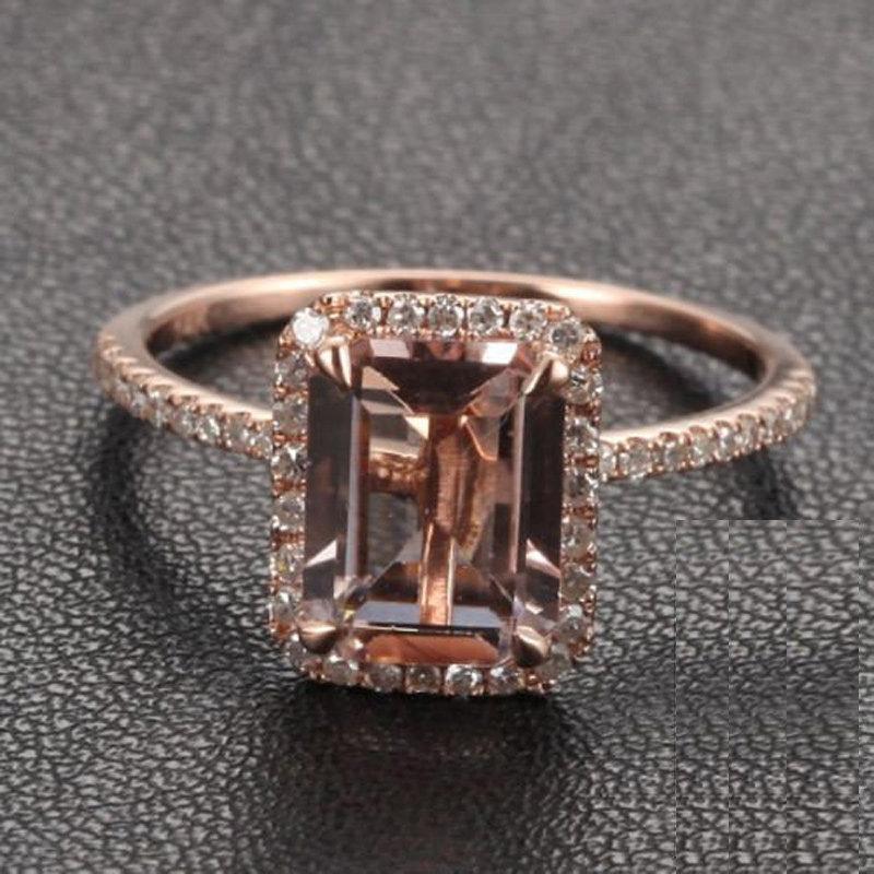Hochzeit - Limited Time Sale: 1.50 Carat Peach Pink Morganite  (emerald cut Morganite) and Diamond Engagement Ring in 10k Rose Gold