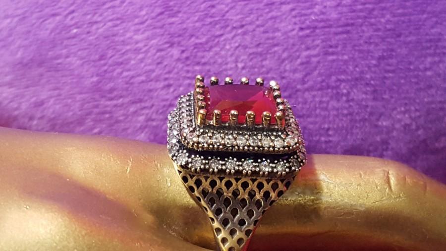 زفاف - Sterling Silver 925 stamped.Genuine Ruby ring.man made Diamods.Art deco ring.Handmade ring.Engagement.Statement Ring.Wedding Jewelry.R-401
