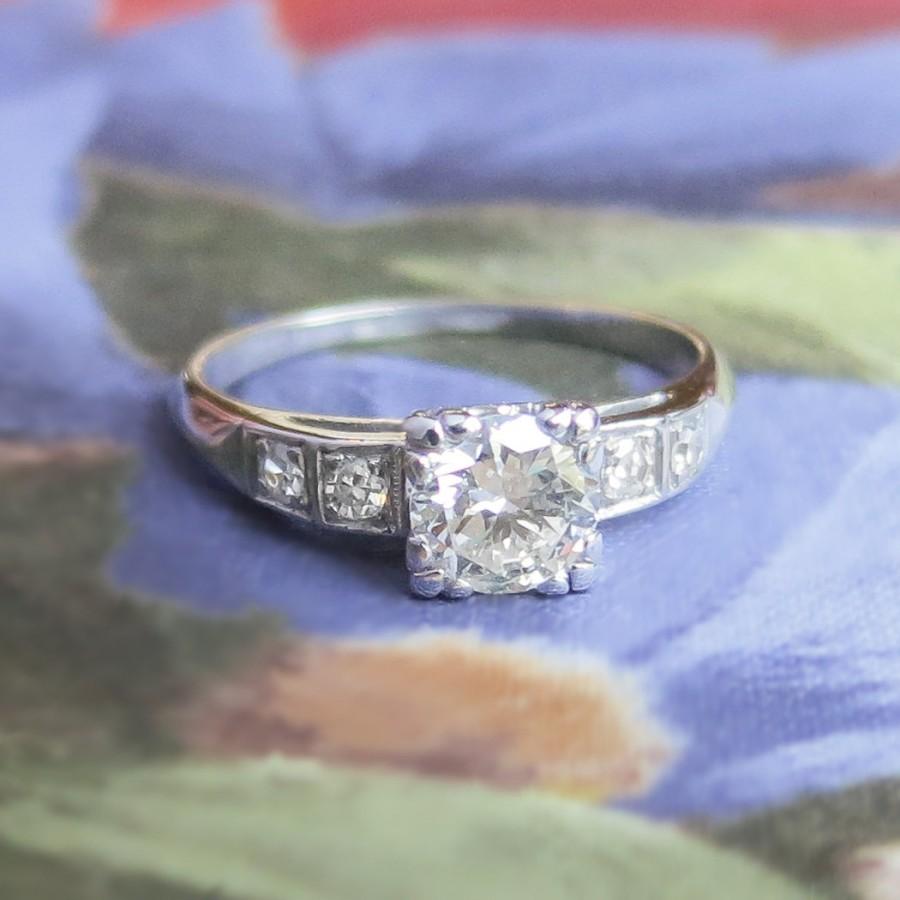 Wedding - Vintage Retro 1940's Old Transitional Cut Diamond Engagement Wedding Anniversary Platinum Ring