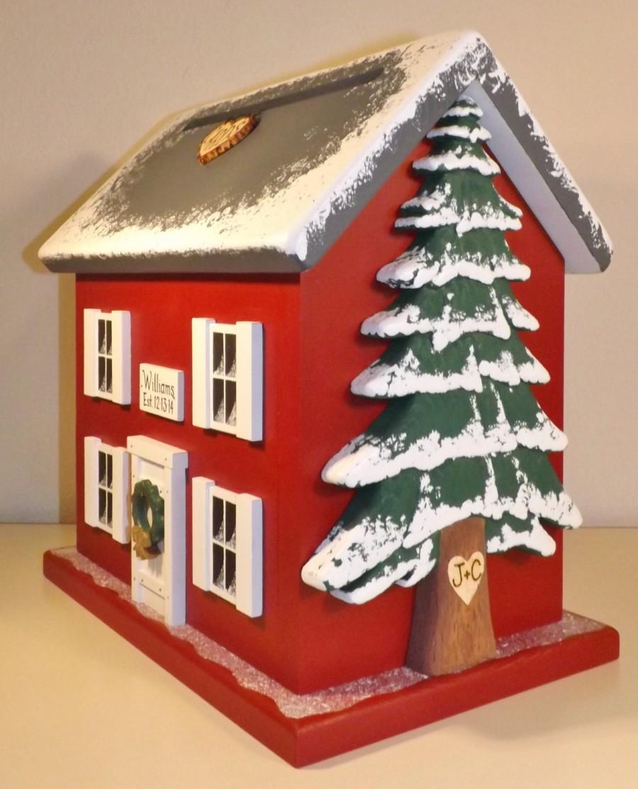 Wedding - Winter Wedding Card Box Birdhouse with Heart Carved Pine Tree