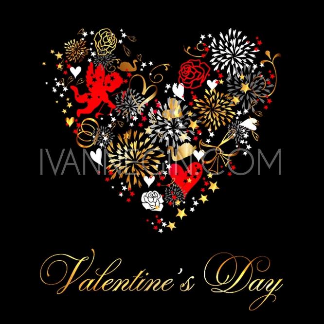 Mariage - Valentine's Day Party Invitation with gold hearts Valentine's day greeting card in black, gold - Unique vector illustrations, christmas cards, wedding invitations, images and photos by Ivan Negin