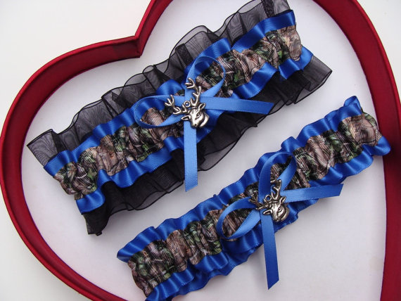 زفاف - Wedding Garters Mossy Oak Royal Blue Black Camouflage Camo Set Keepsake Toss Plus Size Wedding Garters Hunting Prom Gun