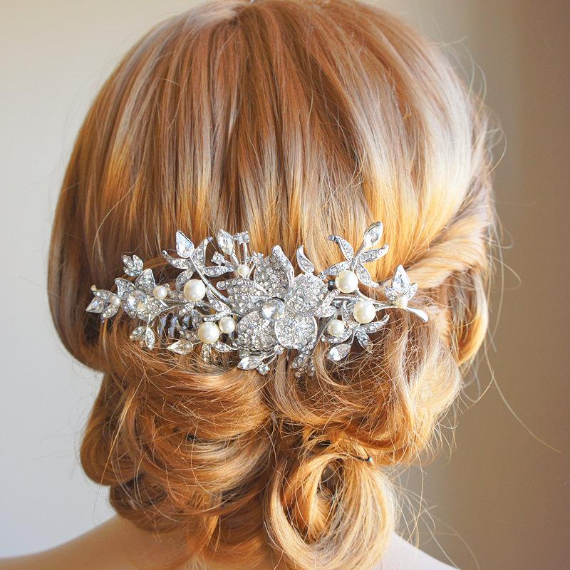 Wedding - Bridal Hair Comb, Wedding Hair Accessories, Flower Leaf Crystal Hair Comb, Vintage Style Bouquet Head Piece, Swarovski Pearl Comb - GLORIA